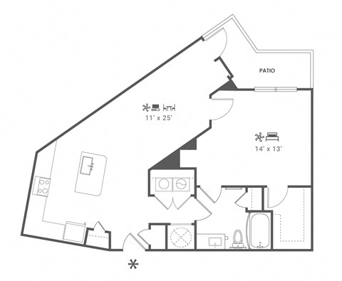 Floor plan for 1 bed, 1 bath, 909 sqft