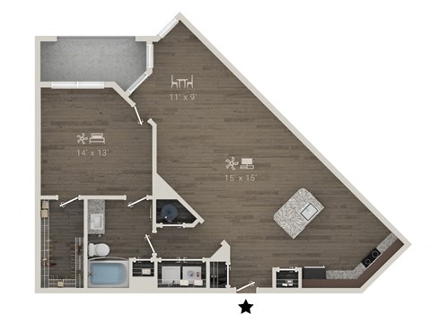 Floor plan for 1 bed, 1 bath, 985 sqft