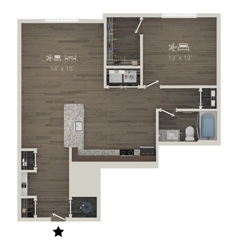 Floor plan for 1 bed, 1 bath, 890 sqft