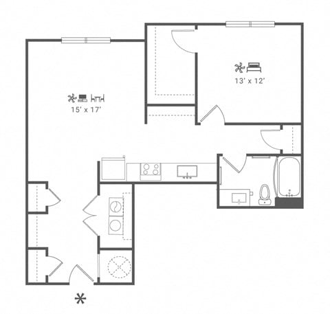 Floor plan for 1 bed, 1 bath, 870 sqft