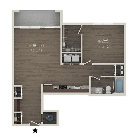 Floor plan for 1 bed, 1 bath, 862 sqft