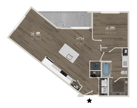 Floor plan for 1 bed, 1 bath, 874 sqft