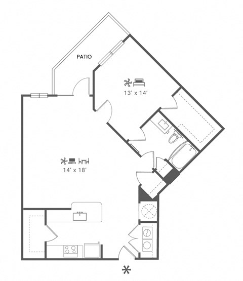Floor plan for 1 bed, 1 bath, 1032 sqft