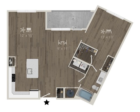 Floor plan for 1 bed, 1 bath, 989 sqft