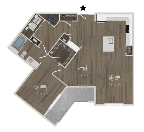 Floor plan for 1 bed, 1 bath, 1094 sqft