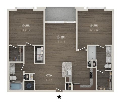 Floor plan for 2 beds, 2 baths, 1149 sqft