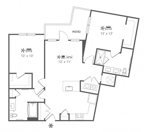 Floor plan for 2 beds, 2 baths, 1300 sqft