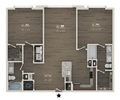 Floor plan for 2 beds, 2 baths, 1219 sqft