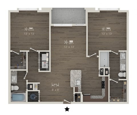 Floor plan for 2 beds, 2 baths, 1159 sqft