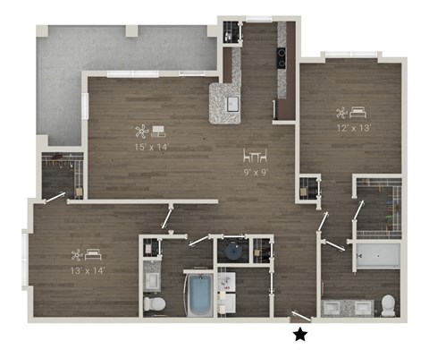Floor plan for 2 beds, 2 baths, 1298 sqft