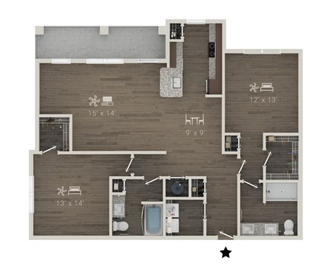 Floor plan for 2 beds, 2 baths, 1342 sqft
