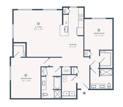Floor plan for 2 beds, 2 baths, 1459 sqft