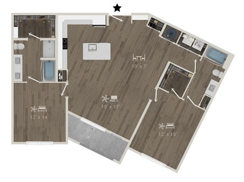 Floor plan for 2 beds, 2 baths, 1386 sqft