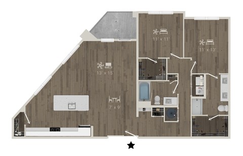 Floor plan for 2 beds, 2 baths, 1360 sqft