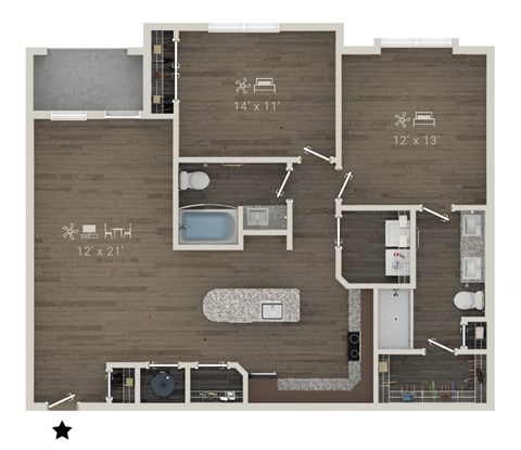 Floor plan for 2 beds, 2 baths, 1186 sqft