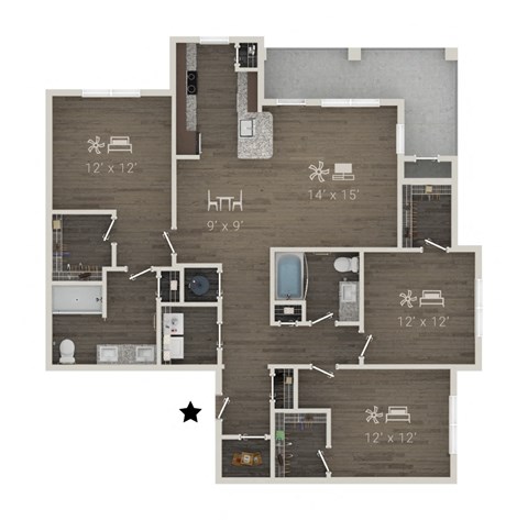 Floor plan for 3 beds, 2 baths, 1535 sqft