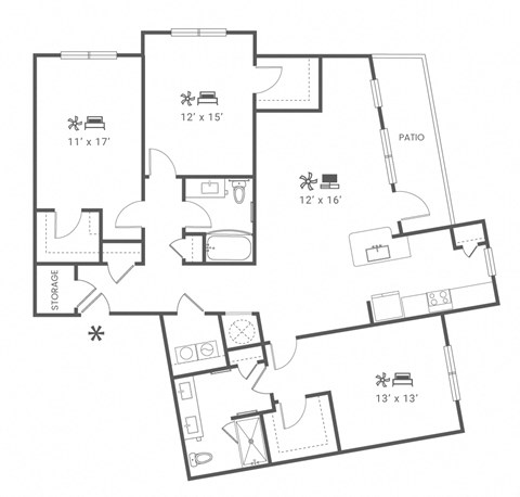 Floor plan for 3 beds, 2 baths, 1722 sqft