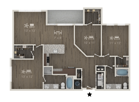 Floor plan for 3 beds, 2 baths, 1380 sqft