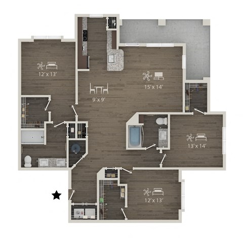 Floor plan for 3 beds, 2 baths, 1558 sqft