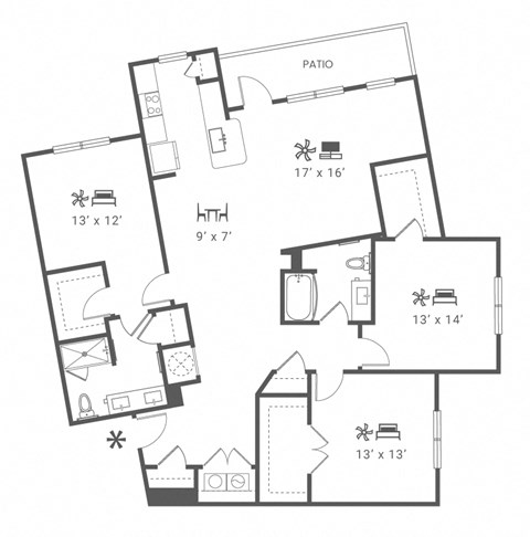 Floor plan for 3 beds, 2 baths, 1782 sqft