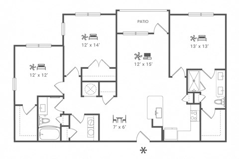 Floor plan for 3 beds, 2 baths, 1416 sqft