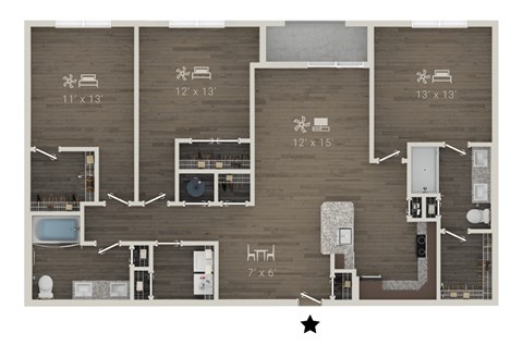 Floor plan for 3 beds, 2 baths, 1522 sqft