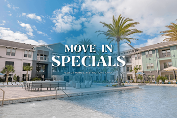Jacksonville apartment for rent - A pool area with the text "MOVE IN SPECIALS" and "SELECT HOMES RESTRICTIONS APPLY" overlaid on it.