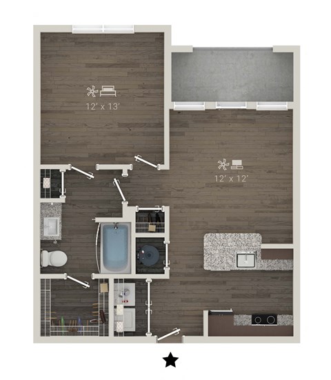 Floor plan for 1 bed, 1 bath, 739 sqft