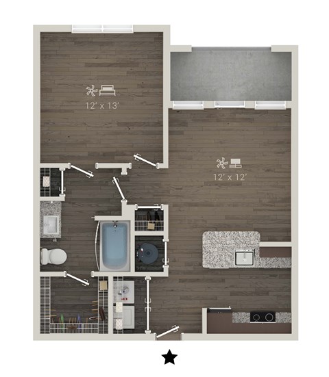 Floor plan for 1 bed, 1 bath, 684 sqft