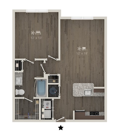 Floor plan for 1 bed, 1 bath, 752 sqft