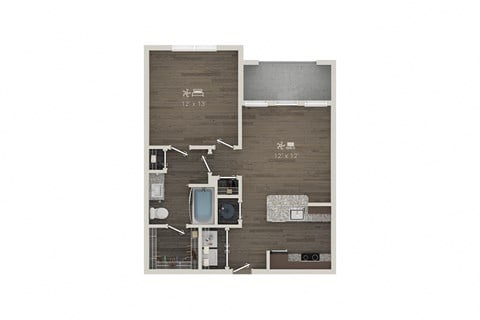 Floor plan for 1 bed, 1 bath, 684 sqft