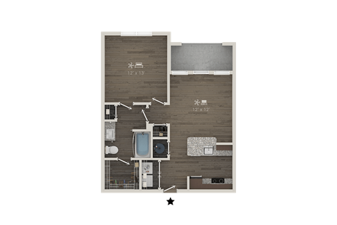 Floor plan for 1 bed, 1 bath, 684 sqft