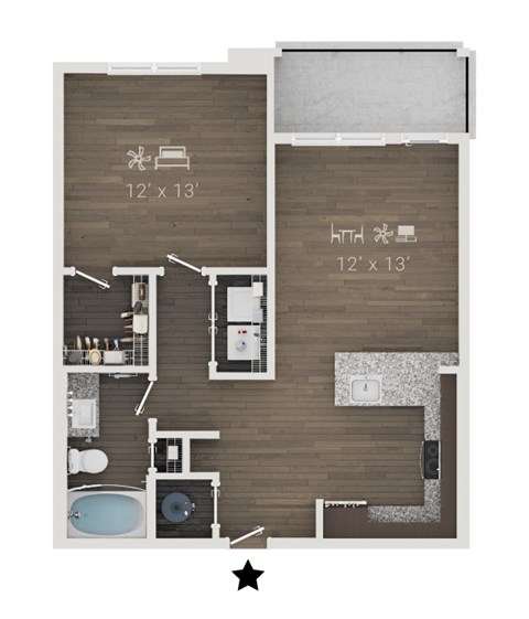 Floor plan for 1 bed, 1 bath, 731 sqft