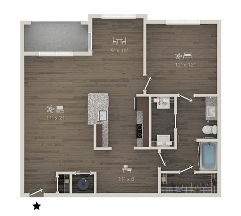Floor plan for 1 bed, 1 bath, 1005 sqft