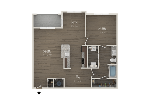 Floor plan for 1 bed, 1 bath, 1005 sqft