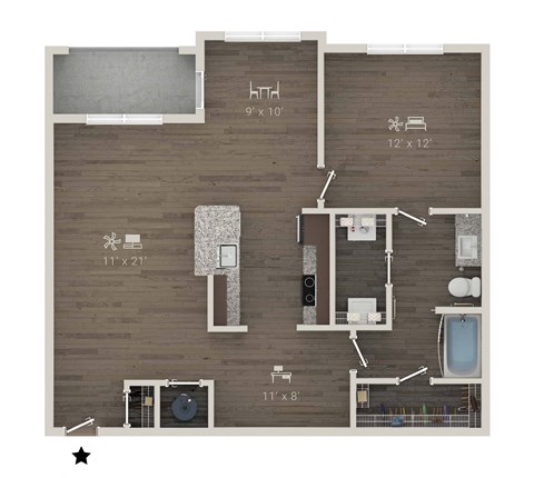 Floor plan for 1 bed, 1 bath, 1069 sqft