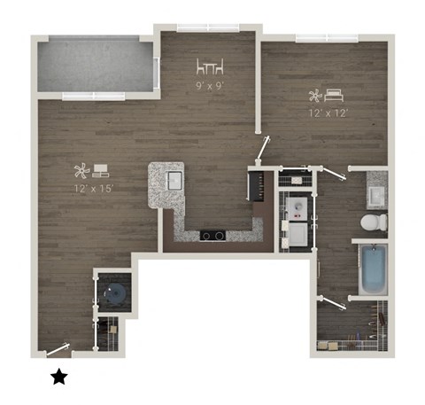 Floor plan for 1 bed, 1 bath, 847 sqft