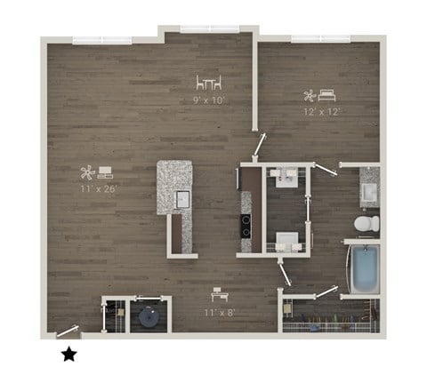 Floor plan for 1 bed, 1 bath, 1069 sqft