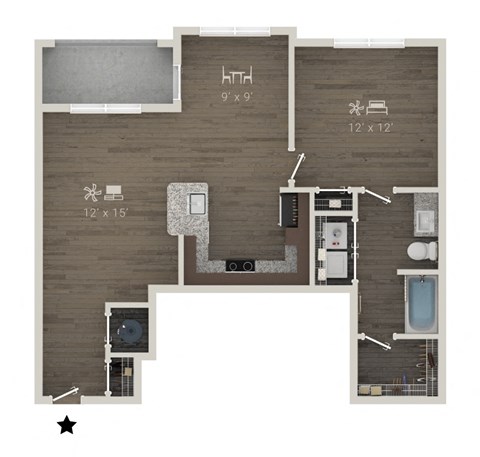 Floor plan for 1 bed, 1 bath, 852 sqft