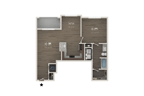 Floor plan for 1 bed, 1 bath, 847 sqft