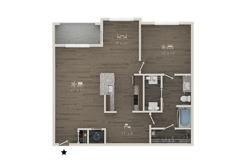 Floor plan for 1 bed, 1 bath, 1005 sqft