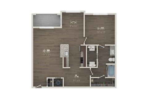 Floor plan for 1 bed, 1 bath, 1005 sqft