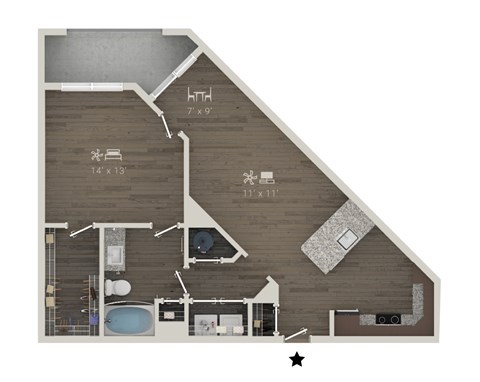 Floor plan for 1 bed, 1 bath, 815 sqft
