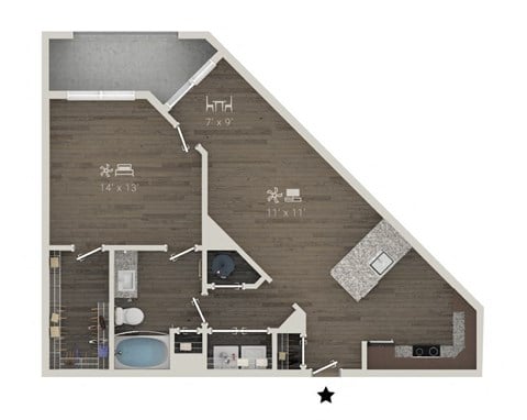 Floor plan for 1 bed, 1 bath, 815 sqft