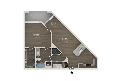 Floor plan for 1 bed, 1 bath, 815 sqft