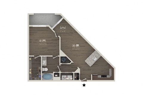 Floor plan for 1 bed, 1 bath, 815 sqft