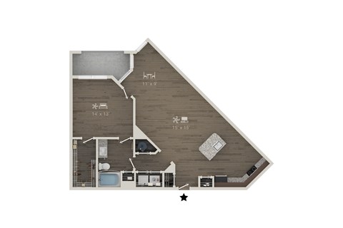 Floor plan for 1 bed, 1 bath, 985 sqft