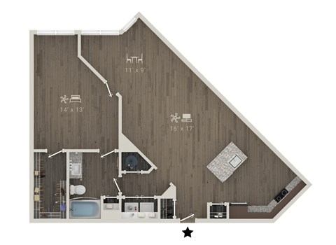 Floor plan for 1 bed, 1 bath, 1060 sqft