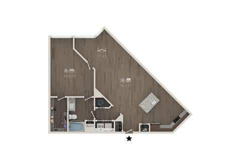 Floor plan for 1 bed, 1 bath, 1090 sqft