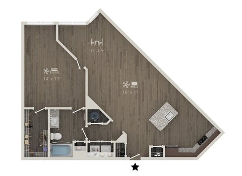 Floor plan for 1 bed, 1 bath, 1060 sqft